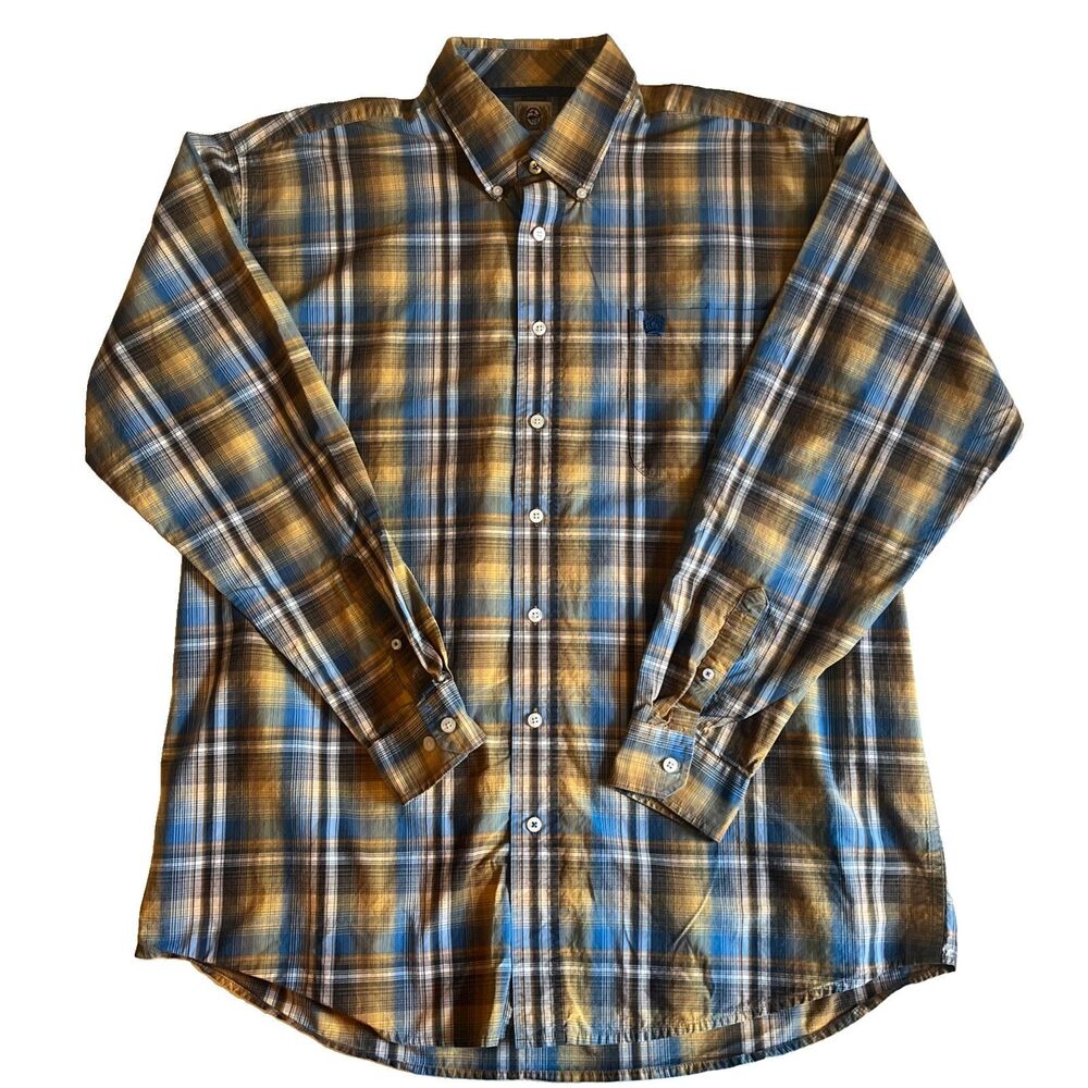 Cinch Shirt Mens L Blue Yellow Plaid Button Up Western Rodeo Ranch Logo Cotton